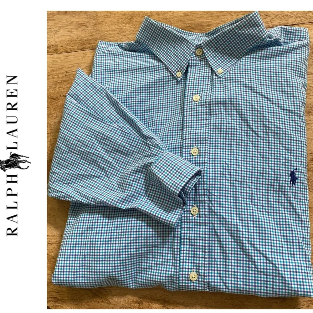 Polo by Ralph Lauren Men’s Size 2XB Blue Tattersall Plaid‎ Long Sleeve Oxford